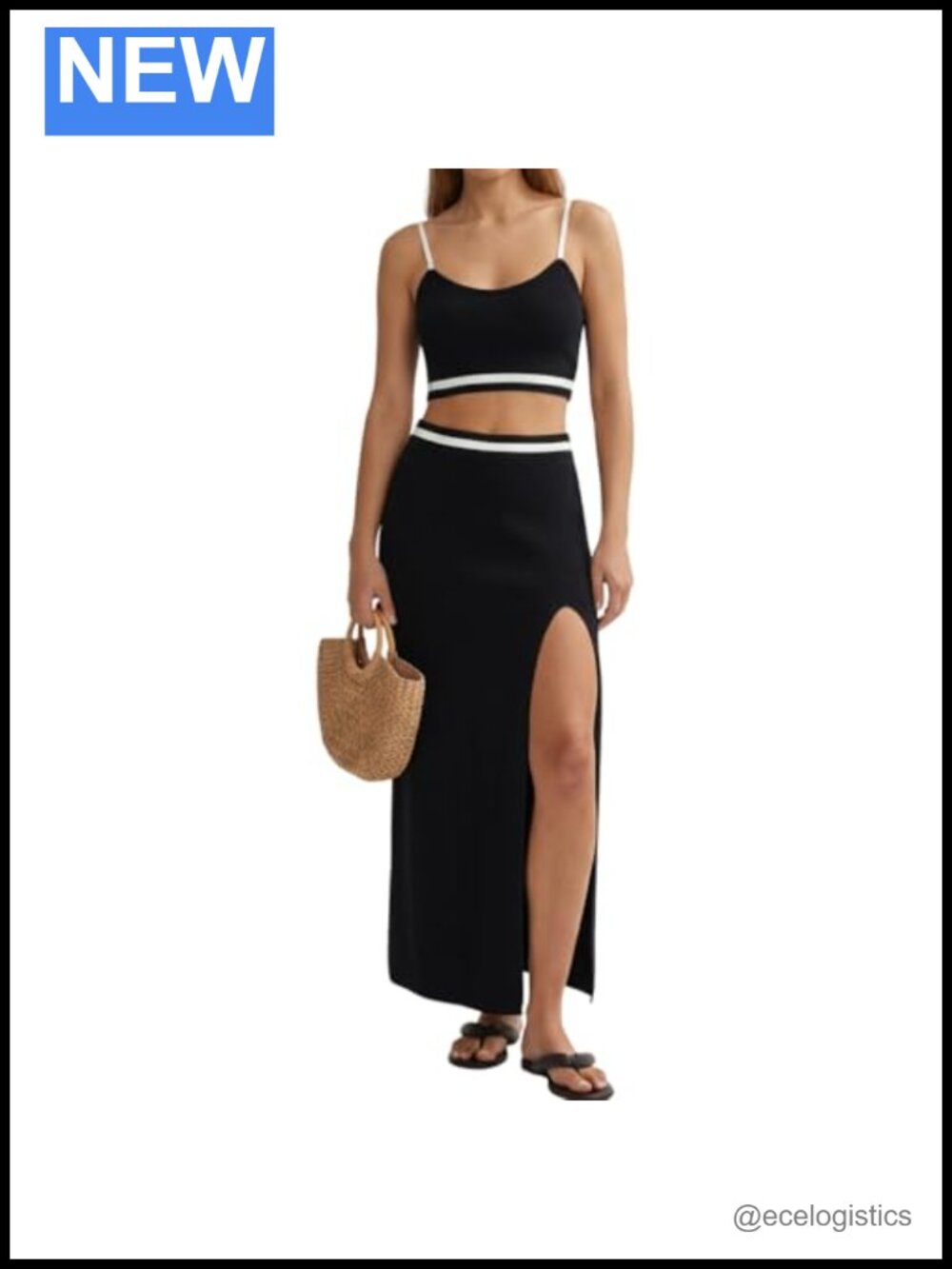 Women 2 Piece Skirt Set Summer Knit Cami Top High Slit Vacation Brunch Outfit